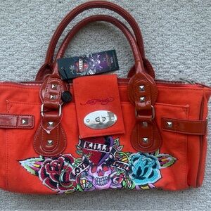 Ed Hardy Orange Satchel with Tattoo Design
